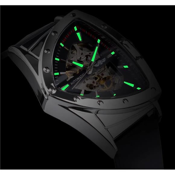 Triangular Gold Shield Automatic Mechanical Watch, Oversized Dial Fully Hollowed - Picture 5 of 6